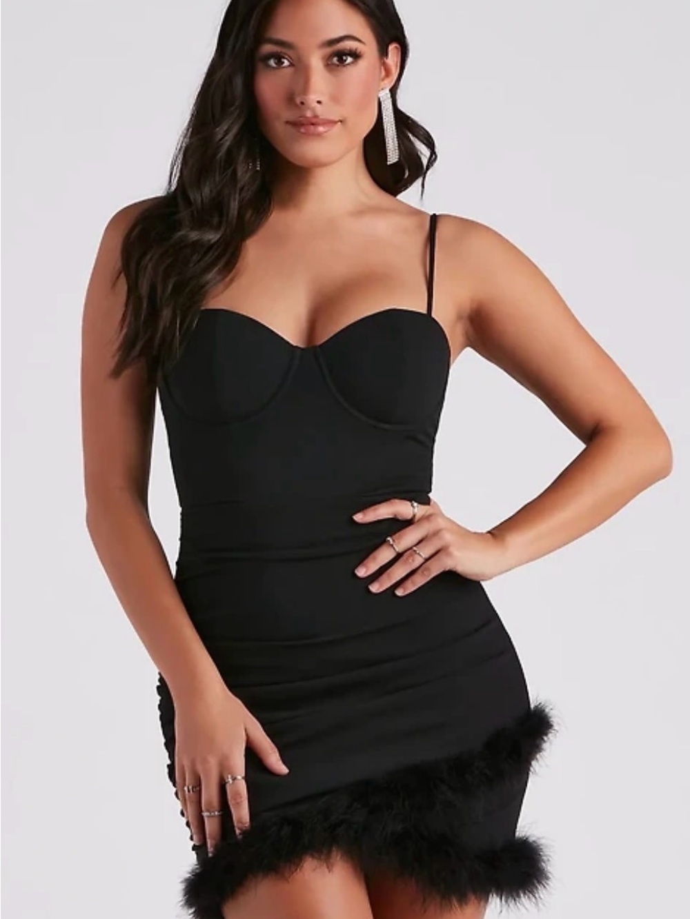 Windsor Black Feather-Trim Spaghetti Strap Slip Dress